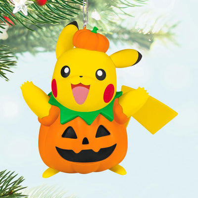 Halloween Pikachu ornament in jack-o'-lantern costume, festive fall decoration for Pokémon fans