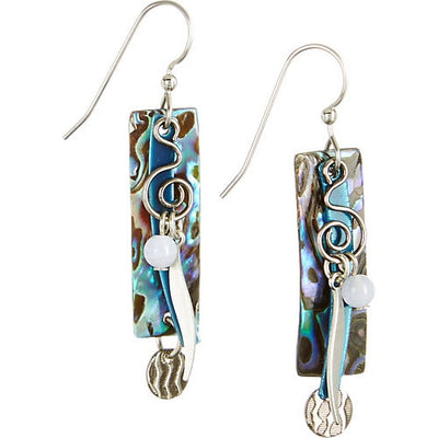 Silver Forest silver-tone rectangle dangle earrings with genuine shell, blue lace agate bead, and coil detail, approximately 
