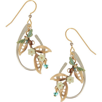 Two-tone drop earrings with bee, flowers, leaves, and green crystal accent in open swirl.
