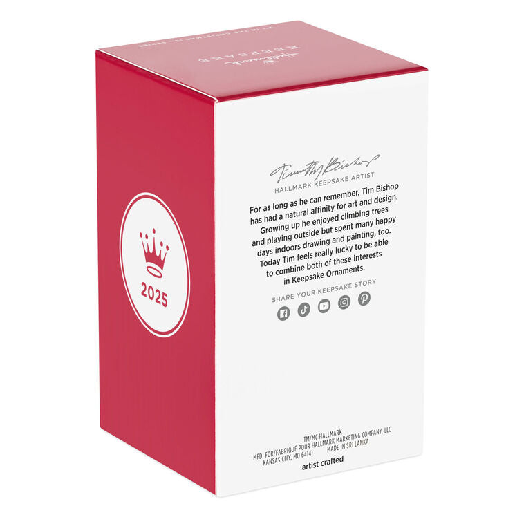 Hallmark Keepsake ornament of Lucy hugging Snoopy, Peanuts Gang Christmas Is series, red base with heartfelt sentiment