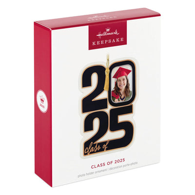 Porcelain ornament with black and white “2025” block numbers, gold accents, red graduation cap, and a photo frame for Class of 2025 graduate.