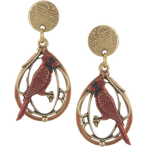 Gold-tone drop earrings with framed red cardinal and textured open teardrop design.
