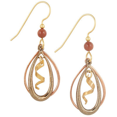 Double teardrop earrings with gold-tone swirl and bead accent, handcrafted by Silver Forest.
