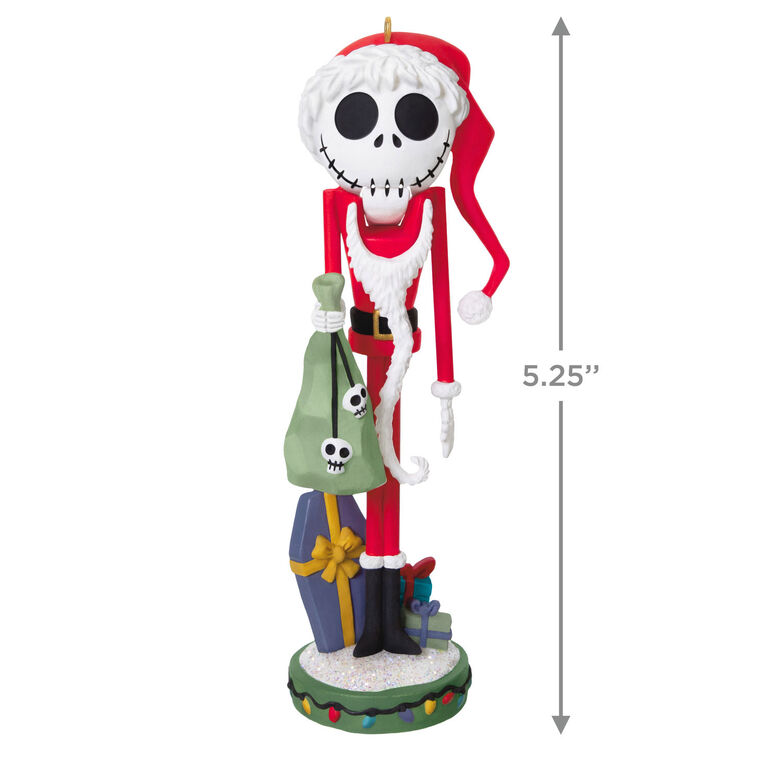 Santa Jack Skellington nutcracker ornament in red suit with moving mouth from The Nightmare Before Christmas.

