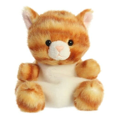 Orange and white teddy bear with black eyes and stitched smile. 