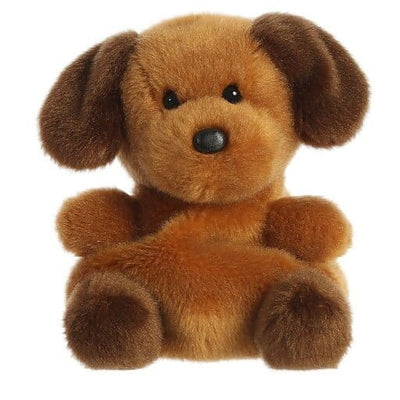 Brown teddy bear with black eyes and stitched nose and smile. It has short, floppy ears and wears a red ribbon tied around its neck.