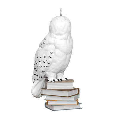 Hedwig snowy white owl perched on a stack of books, Hallmark mini Christmas ornament, Harry Potter collectible