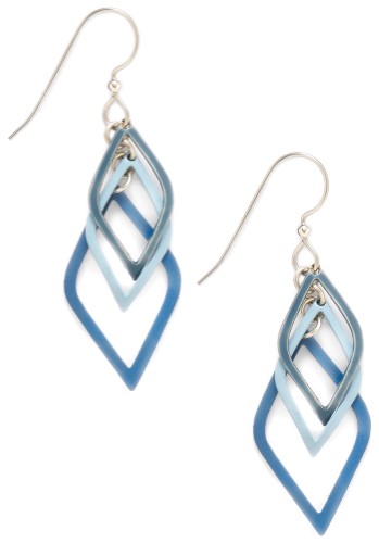 Layered blue dangle earrings with handcrafted details and surgical steel fishhook wires.

