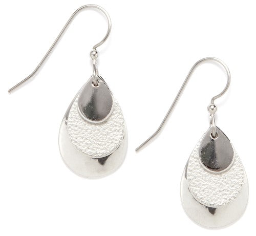 Triple-layered silver-tone teardrop earrings with textured center layer.
