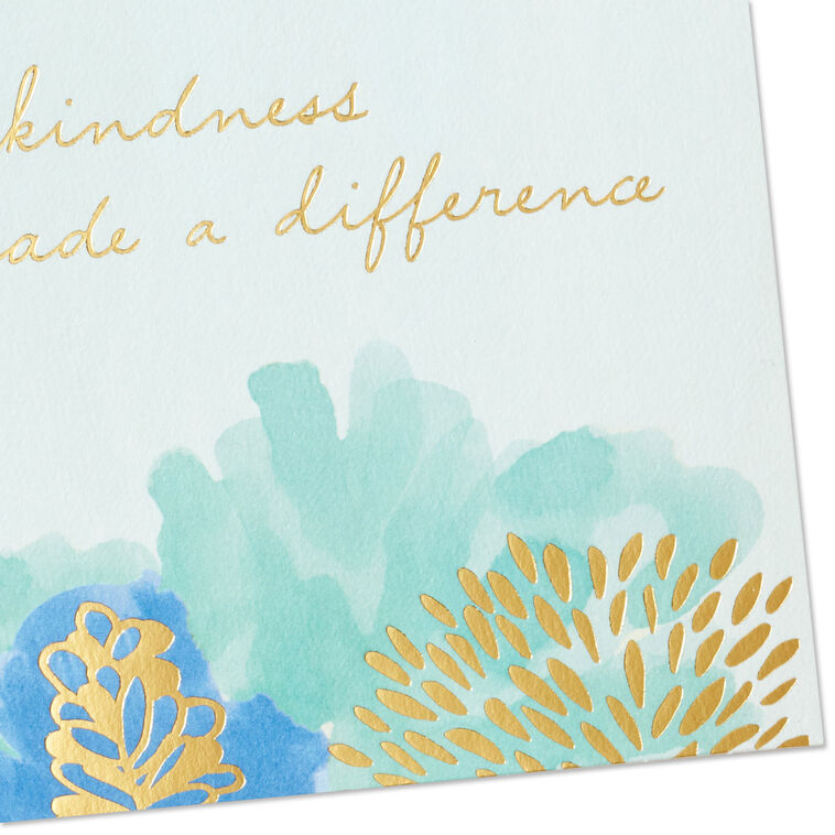 Blue and green floral watercolor thank-you cards with gold foil lettering, displayed in a gray gift box with matching white envelopes.