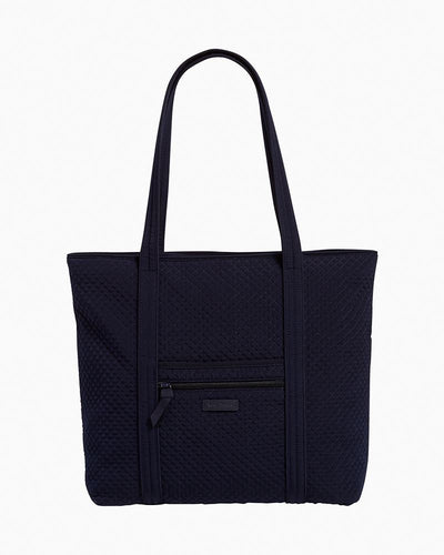 Classic navy Vera Tote with multiple exterior and interior pockets, zip closure, and lightweight microfiber material