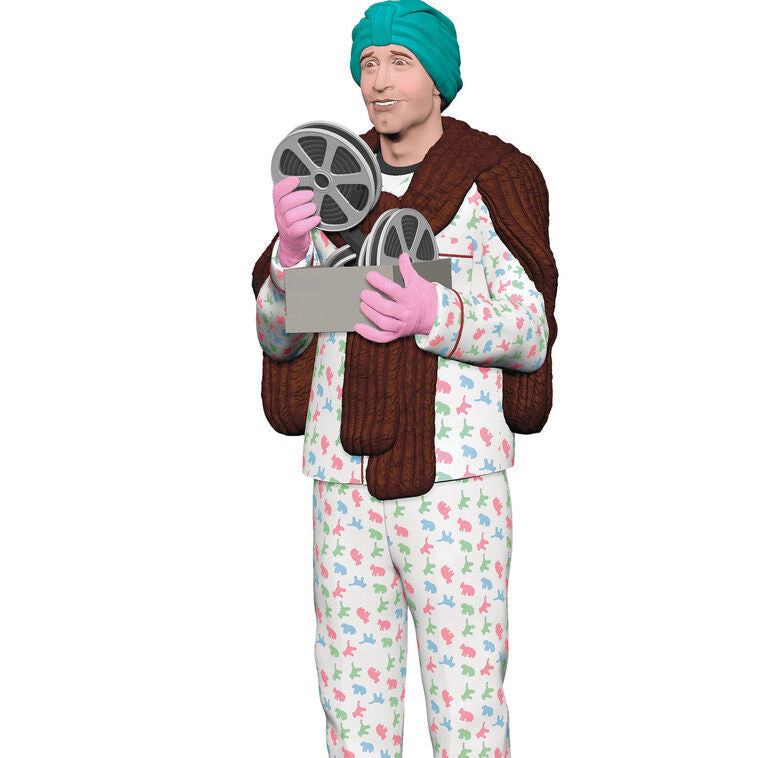 Hallmark Keepsake ornament of Clark Griswold in pajamas, fur stole, gloves, and turban holding a projector from National Lampoon&