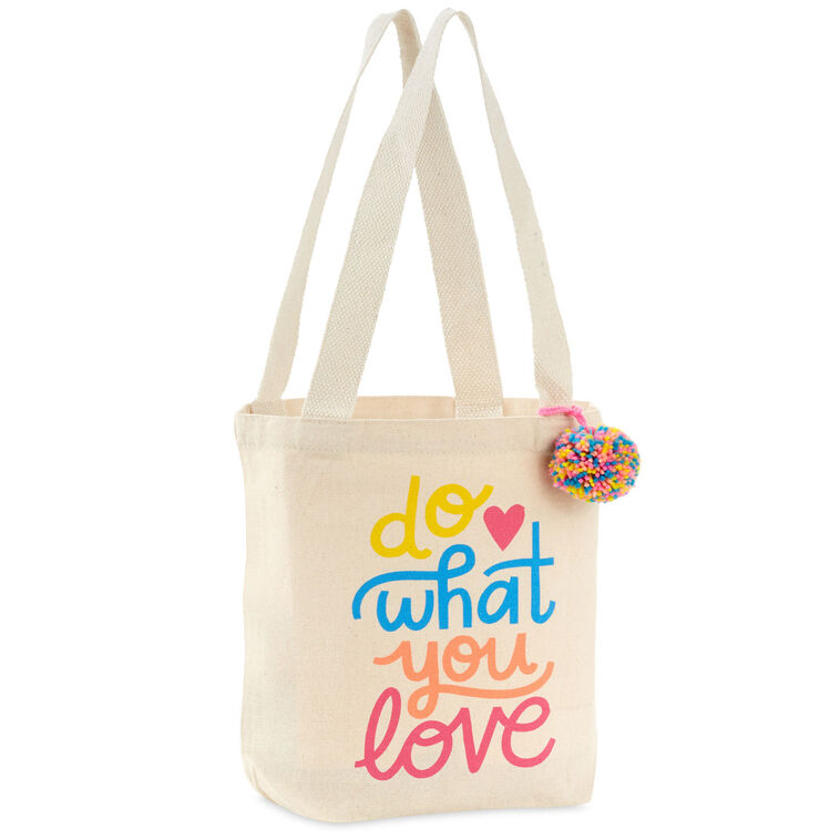 Hallmark 10.5-inch Do What You Love square fabric gift bag with retro lettering and pom-pom
