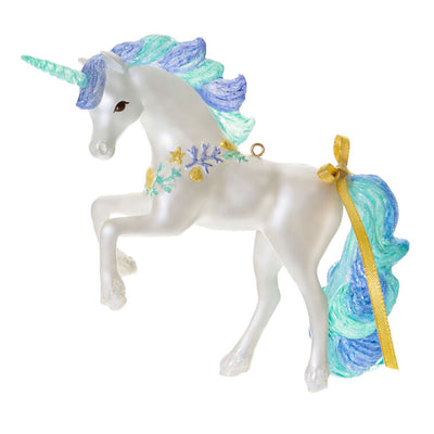 Unicorn Christmas ornament with mermaid mane, seashells, coral details, glittery horn and hooves, beachy holiday decor

