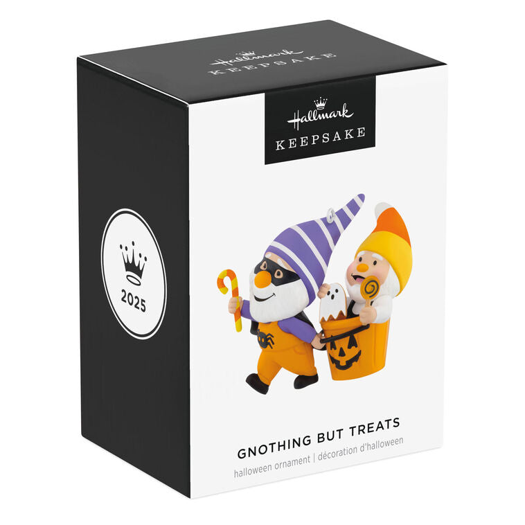 Halloween ornament of two gnomes, one dressed as bat and one with candy corn hat in jack-o&