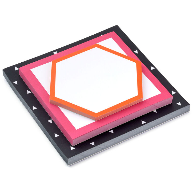 Set of three memo pads with pink, black, and orange borders in square and hexagonal shapes, arranged in a stack.
