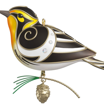 The Beauty of Birds Blackburnian Warbler Christmas tree ornament with black and yellow feathers, metallic silver accents, gem