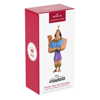 Kronk from The Emperor's New Groove holding Bucky the squirrel Christmas ornament, Hallmark Keepsake, Disney, 2025 limited edition.
