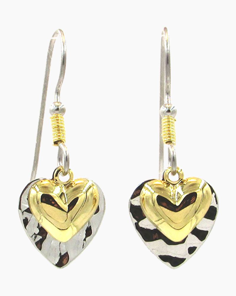 Two-tone layered heart drop earrings with silver and gold-tone finish.
