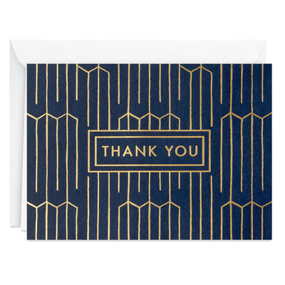Navy blue thank-you cards with gold foil geometric lines and matching envelopes in kraft box.
