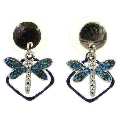 Silver-tone drop earrings with blue dragonfly inside open diamond-shaped frame.
