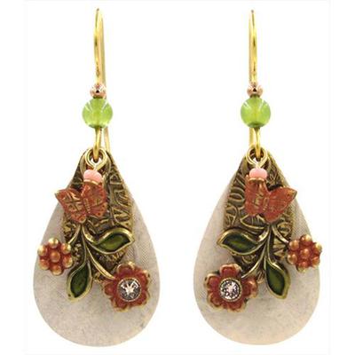 Gold-tone teardrop earrings with floral swag, butterfly, and green crystal accents.
