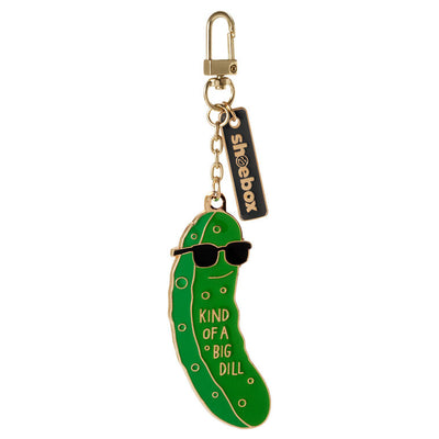 Hallmark pickle keychain with green enamel charm that says “Kind of a Big Dill” in white letters and a black accent tag.