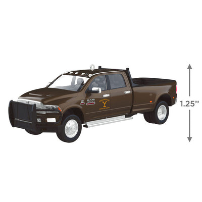 Dark brown 2014 Ram 3500 truck Christmas ornament with Yellowstone rocking-Y logo, inspired by John Dutton’s pickup.