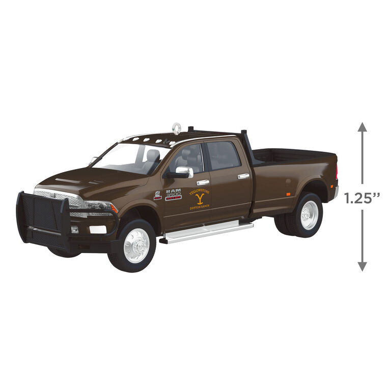 Dark brown 2014 Ram 3500 truck Christmas ornament with Yellowstone rocking-Y logo, inspired by John Dutton’s pickup.