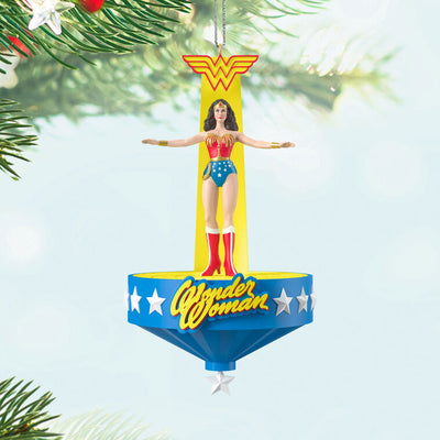 Wonder Woman musical ornament, Lynda Carter in red, white, blue costume, spins with music, Hallmark Keepsake, Christmas tree decoration.