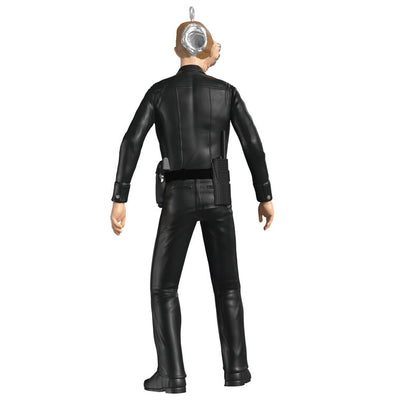 T-1000 Terminator ornament in black police uniform with liquid-metal sculpting from Judgment Day.