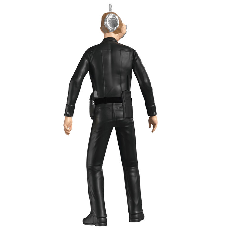 T-1000 Terminator ornament in black police uniform with liquid-metal sculpting from Judgment Day.