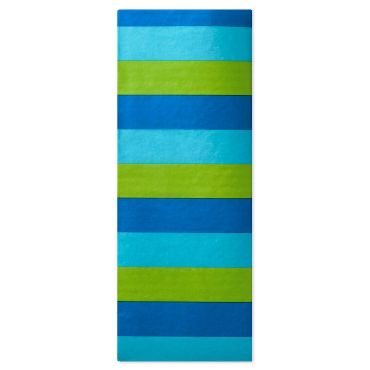 Hallmark tissue paper in bold horizontal stripes of royal blue, aqua, and green, shown both flat and fluffed in a white gift bag.