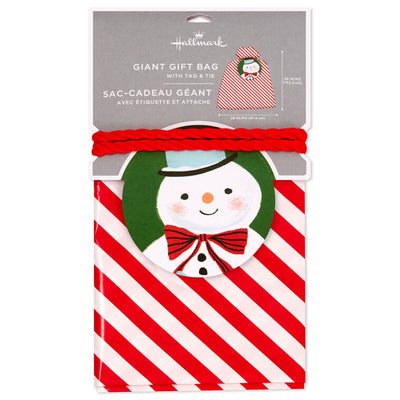 56" Red and White Striped Giant Plastic Christmas Gift Bag With Snowman Tag and Tie