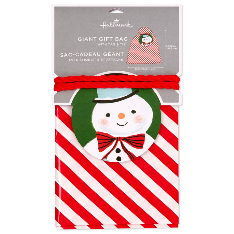 56" Red and White Striped Giant Plastic Christmas Gift Bag With Snowman Tag and Tie