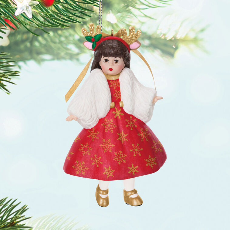 Deer Santa Wendy in red dress with gold snowflakes, antler headband, gold shoes, and white shrug, Hallmark Keepsake ornament
