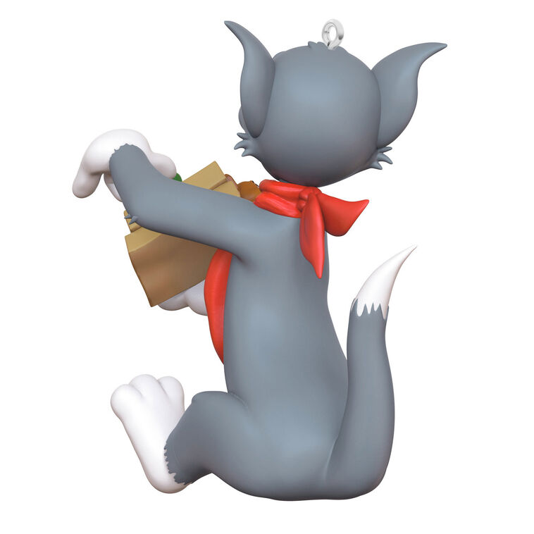 Tom and Jerry Christmas ornament with Tom holding a sandwich and Jerry peeking out, red napkin around Tom&