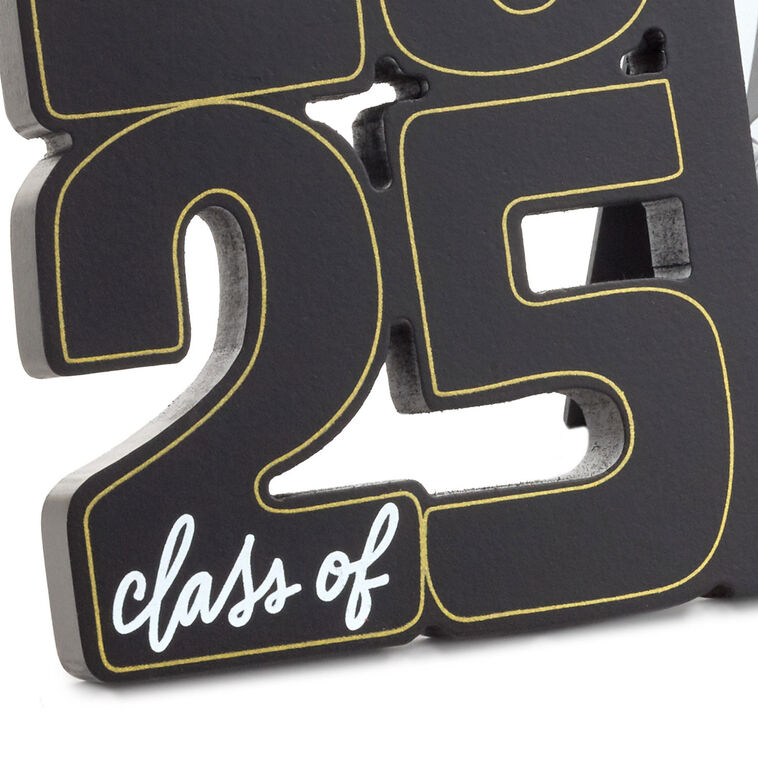 Black wood graduation photo frame with sculpted metallic gold "2025" numbers, white script lettering, and a 4x6 vertical photo opening for a grad&