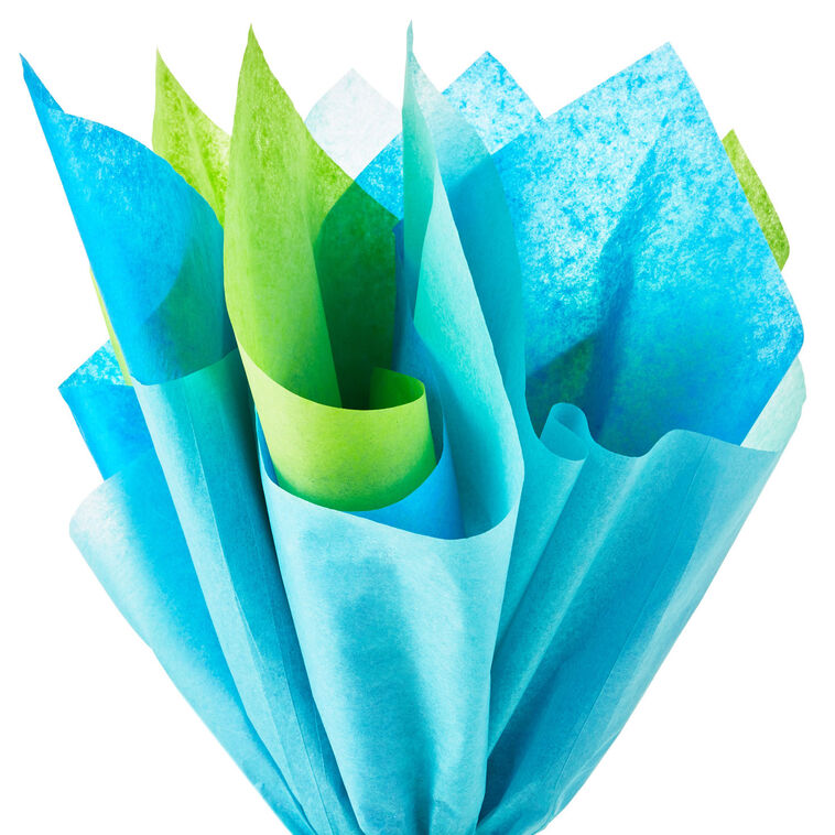 Hallmark tissue paper assortment with 12 sheets in solid blue, citrus green, and aqua for colorful gift wrap.