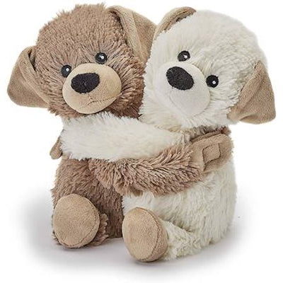 Warmies Puppy Hugs plush duo in beige and grey, arms wrapped with Velcro, scented with French lavender, microwaveable.