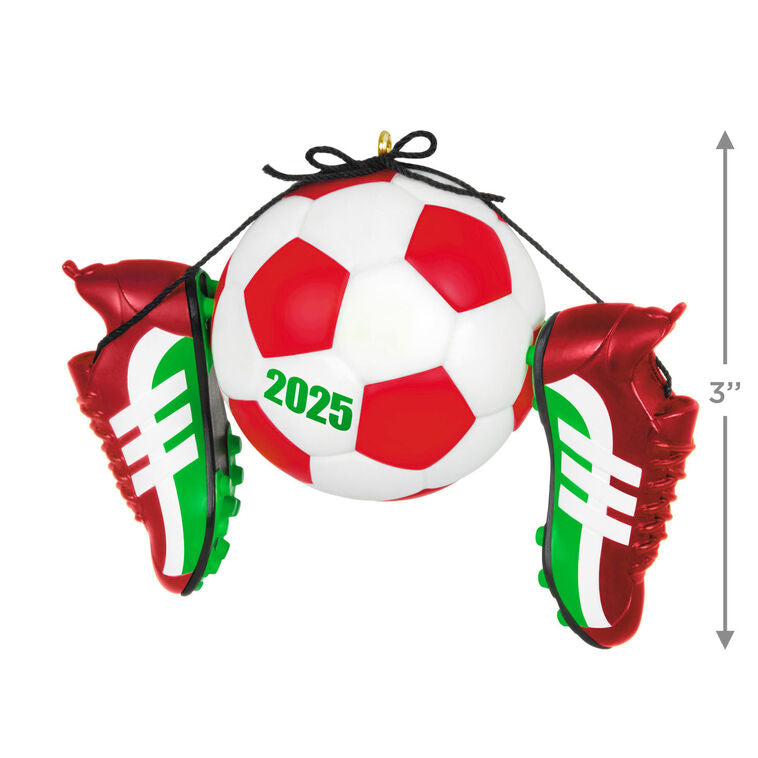Christmas ornament with soccer ball and red-green cleats, year-dated 2025 for soccer players and coaches

