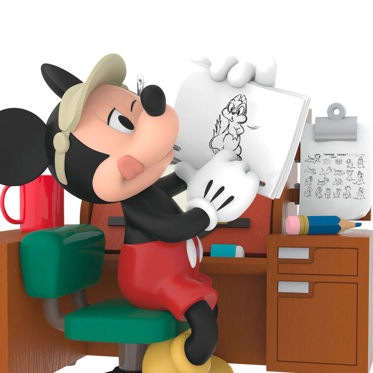 Hallmark Keepsake Disney Mickey Mouse From Sketch to Screen ornament, Mickey at animation desk with sketch, 2025 holiday collection.