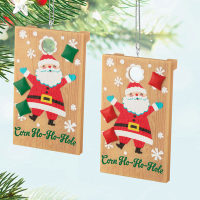 Set of 2 Christmas cornhole board ornaments with Santa design and red and green beanbags, festive holiday decoration

