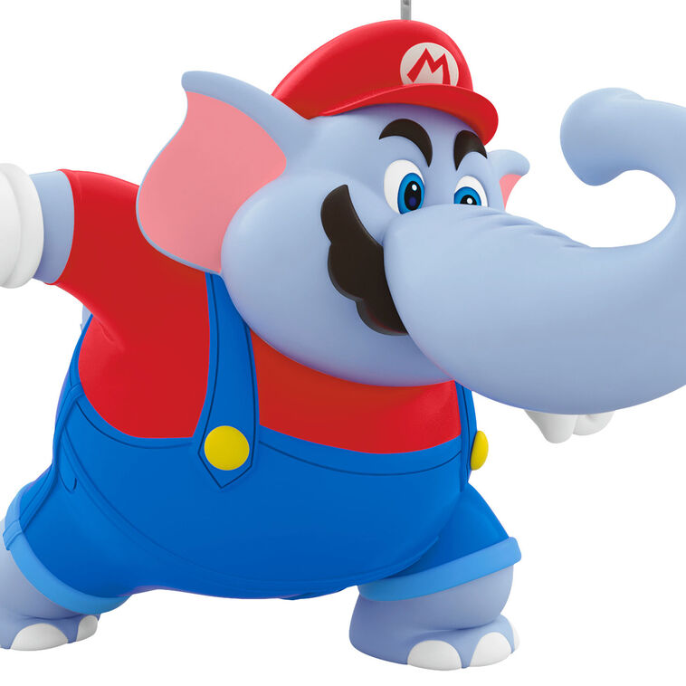 Elephant Mario ornament in red cap and overalls, gray pachyderm form from Super Mario Bros. Wonder, Hallmark Nintendo Christmas collectible