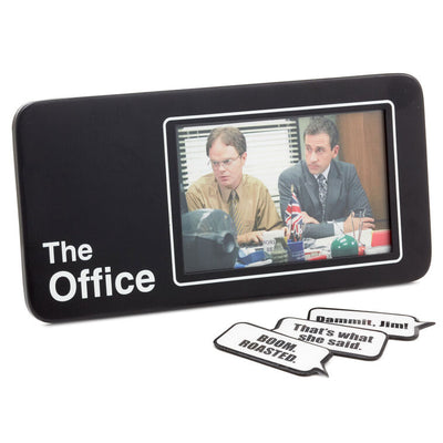 Metal 4x6 picture frame with black-and-white magnetic quote bubbles featuring iconic lines from The Office TV show.

