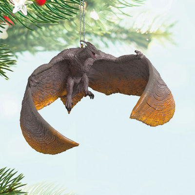 Rodan ornament, fiery-winged pterosaur in flight from Godzilla: King of the Monsters, detailed Hallmark Keepsake Christmas decor.
