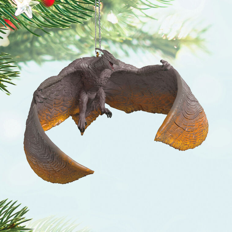 Rodan ornament, fiery-winged pterosaur in flight from Godzilla: King of the Monsters, detailed Hallmark Keepsake Christmas decor.