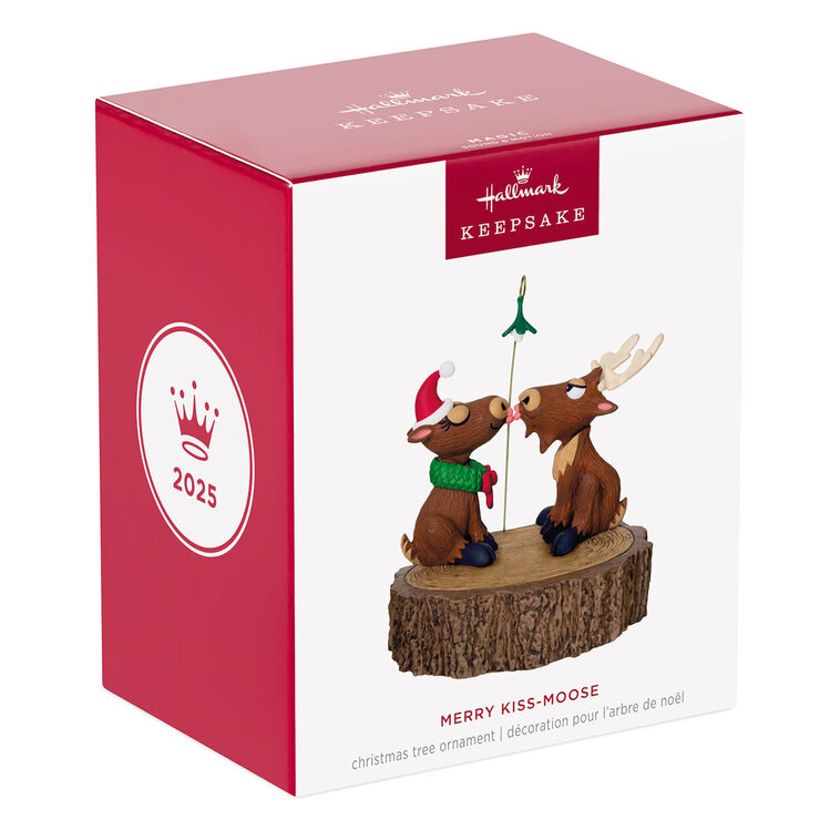 Moose couple Christmas ornament under mistletoe with motion and music playing "We Wish You a Merry Christmas," battery 

