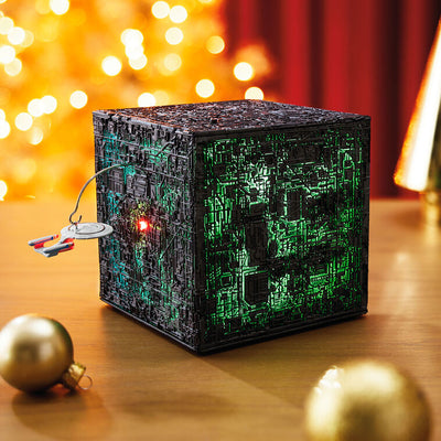Star Trek tabletop decoration with Borg cube lit up in green from The Next Generation with light and sound features
