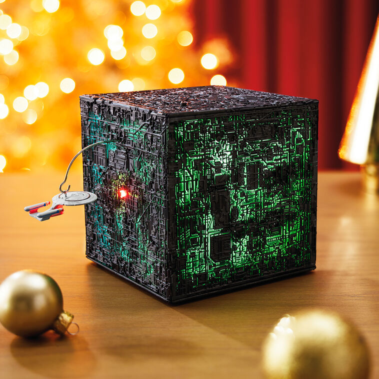Star Trek tabletop decoration with Borg cube lit up in green from The Next Generation with light and sound features
